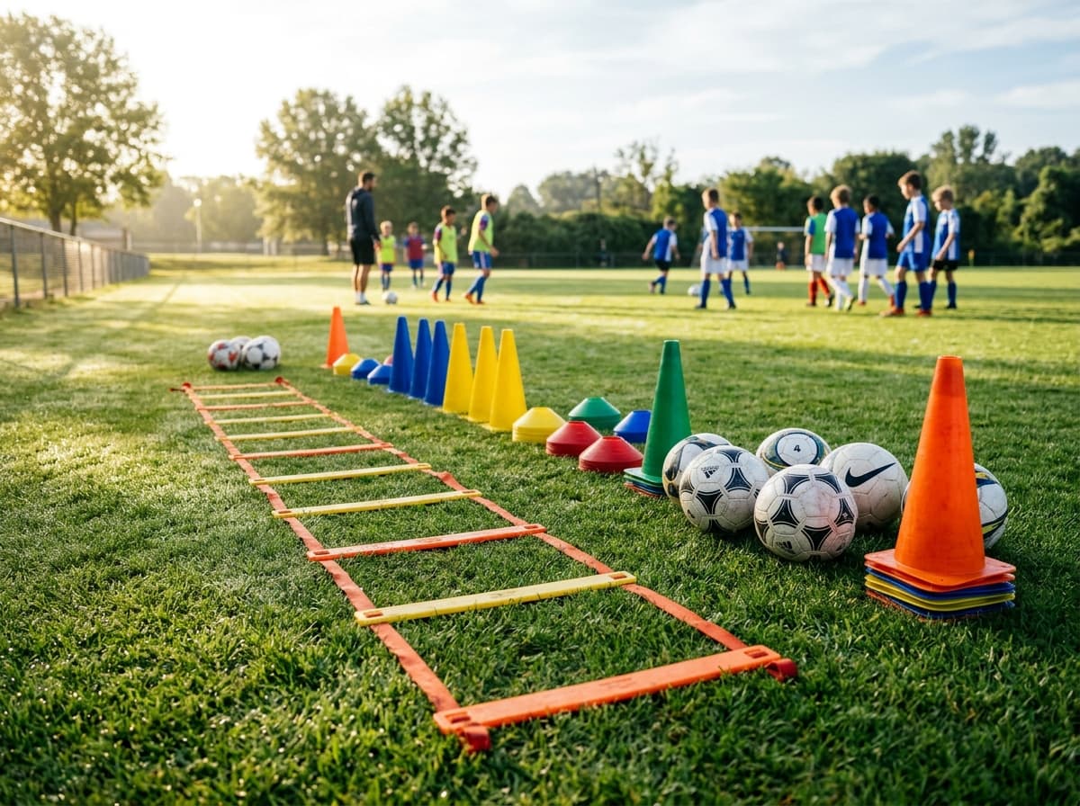 Speed and agility ladder on soccer pitch grass for quick footwork training