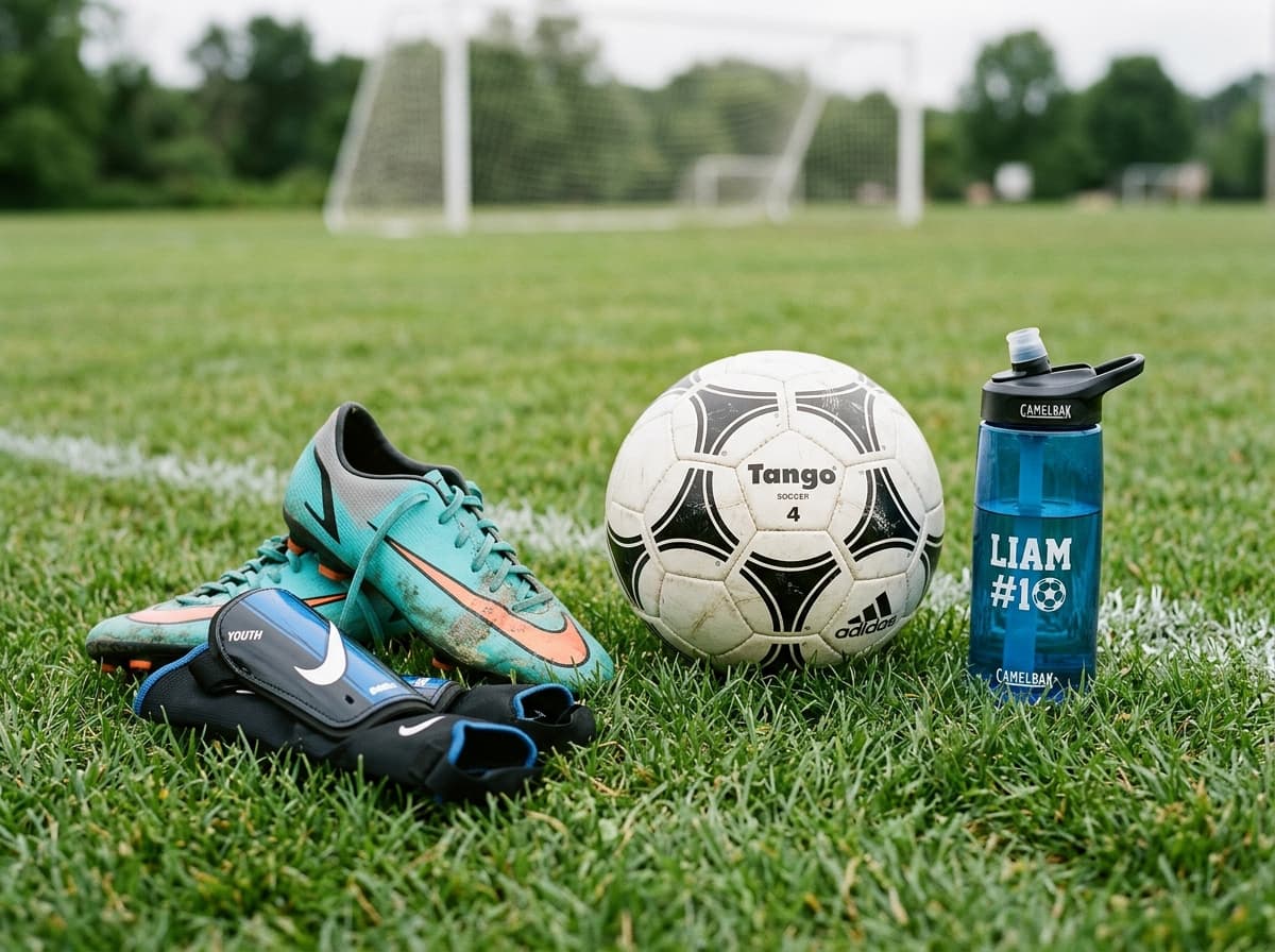 Youth soccer cleats, size 4 ball, shin guards, and reusable water bottle laid out on natural pitch grass