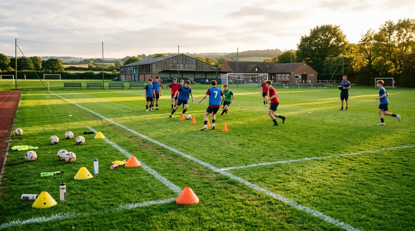 Soccer balls and training cones laid out on pitch representing the tactical playground of a central attacking playmaker