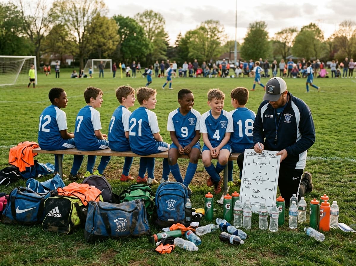 Youth soccer team resting on bench with coach whiteboard and water bottles in warm afternoon sunlight
